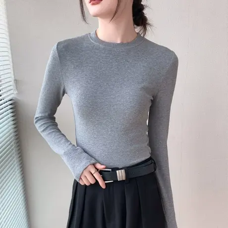 圆领长袖T恤女2023早秋新款纯棉西装内搭纯色百搭修身显瘦打底衫商品大图