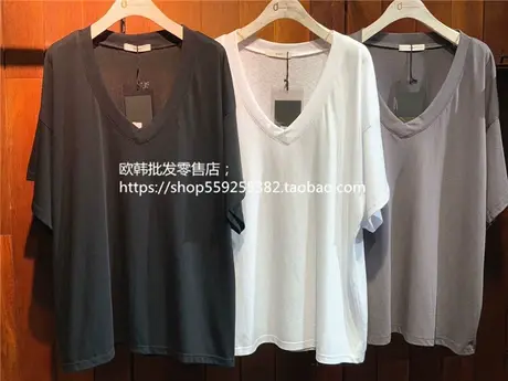 ins2022夏季韩版简约风自留宽松短袖V领大版半袖中长款T恤女上衣商品大图