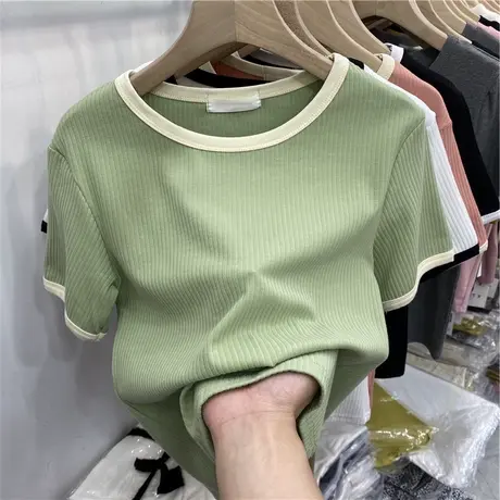 夏季撞色短袖T恤女修身短款半袖学生闺姐妹蜜装 洋气减龄上衣百搭商品大图
