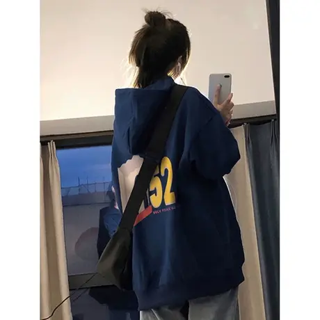 藏蓝卫衣女显白bf风大码保暖连帽上衣秋冬ins潮加绒美式卡通外套图片