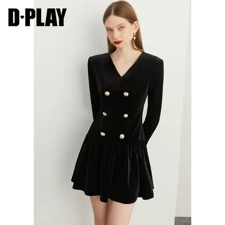 DPLAY秋装新轻奢名媛风经典黑V领长袖鱼尾丝绒连衣裙小黑裙图片