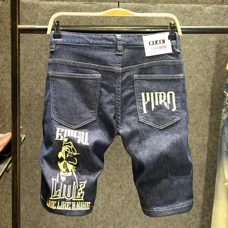 赤耳单宁刺绣牛仔短裤男潮牌修身弹力五分裤子原色水洗日系5分裤商品大图