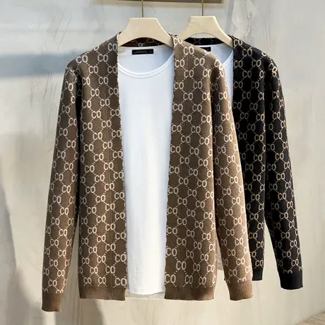 字母提花秋春装新款男士针织开衫外套上衣服针织衫外穿潮流毛衣男商品大图