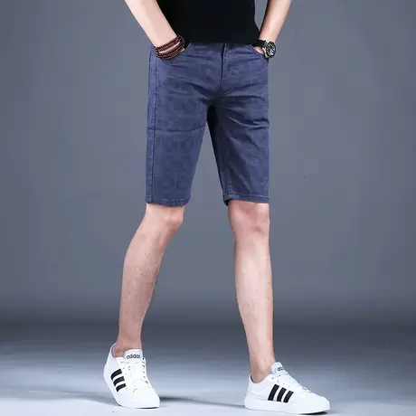 深蓝色格纹五分牛仔短裤男款秋冬潮流2023新款裤子男弹力修身潮牌商品大图