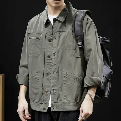 纯棉工装休闲外套男宽松2024春季新款潮胖子大码加肥加大夹克春秋图片