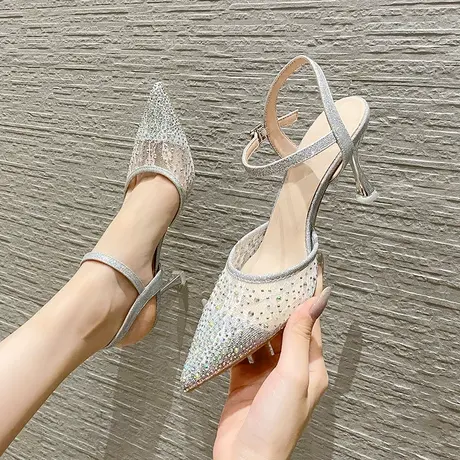 法式小众尖头网纱水钻高跟鞋女细跟2024年夏季新款性感一字带凉鞋图片