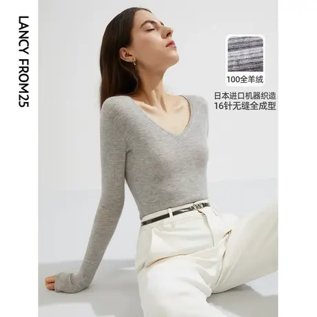 【会员专享】朗姿全羊绒打底衫上衣女秋冬款领紧身弹力多色针织衫图片
