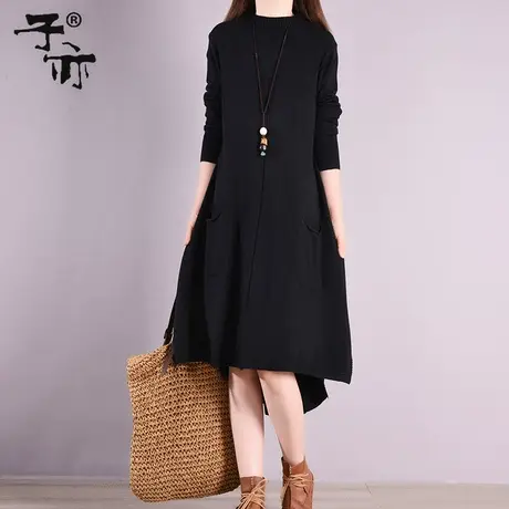 子亦冬装新款气质显瘦舒适纯色宽松不规则打底针织毛衣裙女冬图片