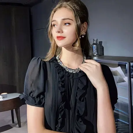 粉红大布娃娃气质轻奢雪纺衫女黑色木耳边设计感短袖上衣2021夏季图片