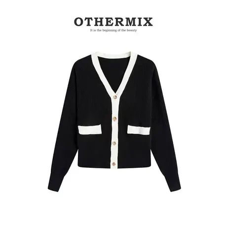othermix V领针织衫女2024春秋新款宽松百搭休闲短款开衫针织上衣图片