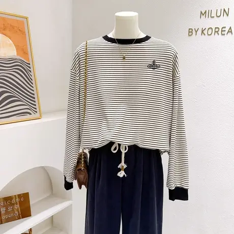 微胖显瘦穿搭~韩代秋冬款德绒细条纹T恤双面绒上衣打底衫软糯保暖图片