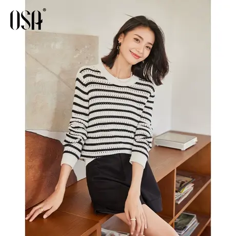 OSA欧莎黑色外穿条纹长袖针织衫女初秋季2022年新款显瘦百搭上衣商品大图
