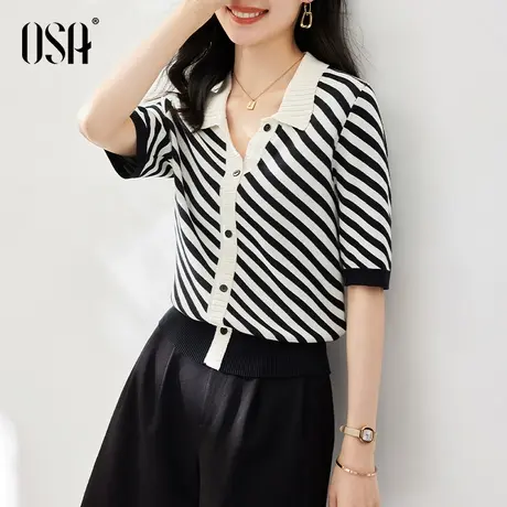 OSA欧莎黑白条纹polo领针织衫女夏季2023年新款薄款上衣短款小衫商品大图