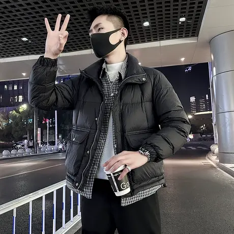 轻熟羽绒服男冬季2023新款潮牌立领冬装格子拼接假两件白鸭绒外套图片