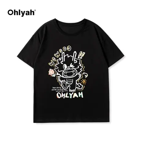 Ohlyah春夏新款手绘涂鸦卡通小龙印花大码短袖T恤男女无性别上衣商品大图