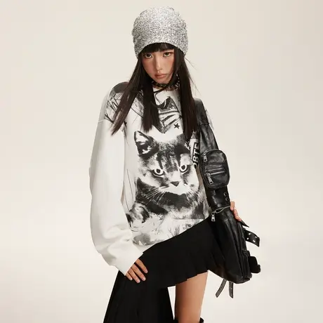 美式潮牌印花圆领卫衣女春秋2024年新款复古宽松oversize无帽上衣商品大图