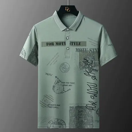 男士短袖t恤2022新款夏季潮牌印花上衣翻领polo衫有领港风打底衫商品大图