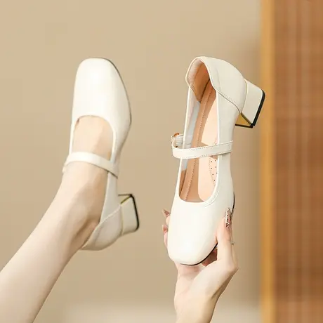 法式玛丽珍女鞋高跟鞋2024年新款百搭气质方头一字扣粗跟低跟单鞋图片