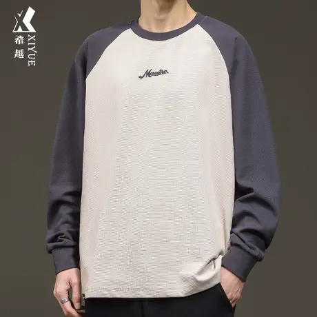 希越重磅长袖T恤男2024春季拼接撞色胖子打底衫加肥加大男士上衣商品大图
