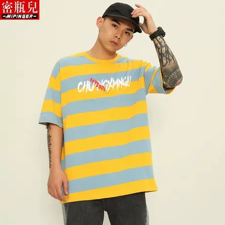 密瓶儿短袖男ins潮夏季男士大码宽松条纹上衣加肥加大休闲衣服男商品大图