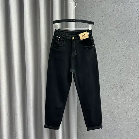 欧货黑色时尚贴标牛仔萝卜裤女2024春季新款高腰宽松显瘦哈伦裤潮图片