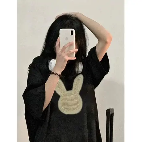 重磅纯棉黑色短袖t恤女2023年新款兔子印花美式复古oversize上衣图片