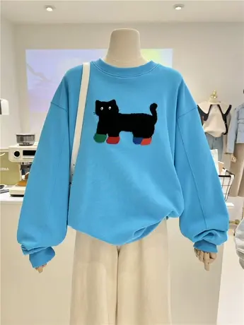 春季新款慵懒韩版彩色彩色刺绣小猫宽松大码毛圈棉套头卫衣女外套图片