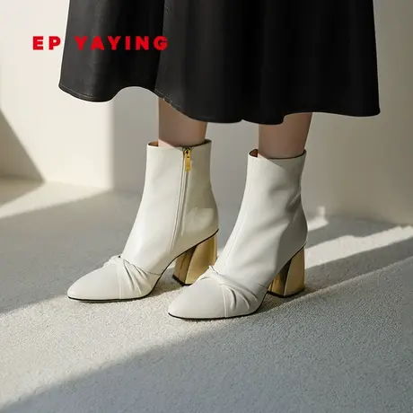 EP雅莹女鞋 尖头蝴蝶结通勤拼皮粗跟及踝靴 商场同款XS08A图片