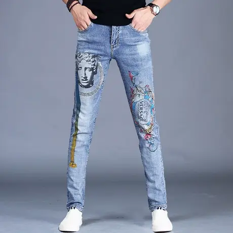 男士刺绣印花牛仔裤男秋款男款2023新款潮牌休闲修身小脚裤子高端图片
