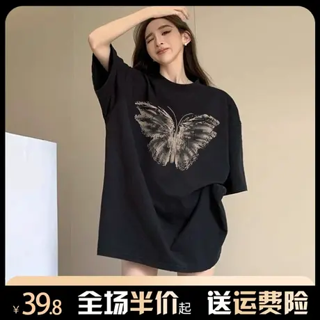 纯棉短袖t恤女潮牌宽松oversize小众设计感美式慵懒风半袖上衣服商品大图