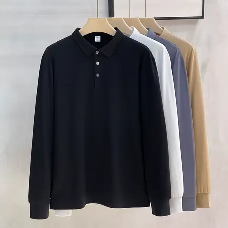 80支丝光棉纯棉男士丝光长袖POLO翻领商务通勤打底T恤衫春男秋款商品大图