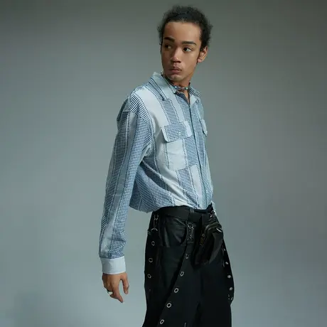 设计感复古格子衬衫男士春季新款条纹衫街头潮牌情侣宽松长袖衬衣图片