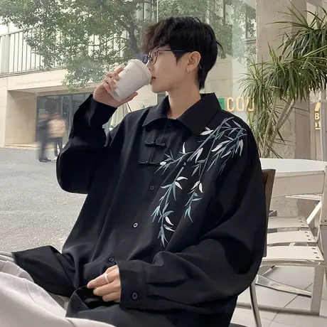 新中式中国风盘扣刺绣长袖衬衫男装设计感高级唐装道袍衬衣外套春商品大图