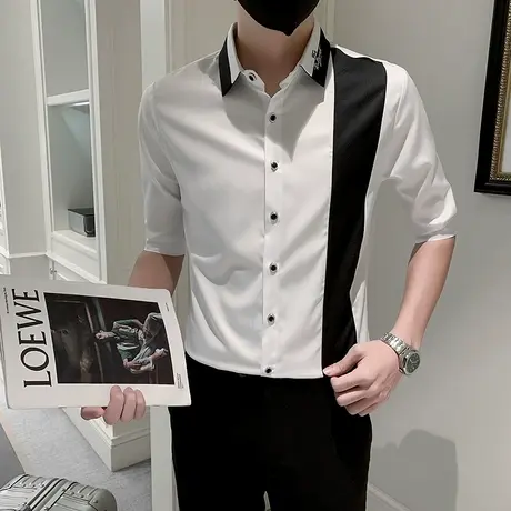 夏季短袖男衬衫潮流韩版七分袖ins个性刺绣帅气拼色中袖夏装衬衣商品大图