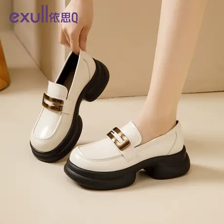 依思Q厚底乐福鞋女2024新款英伦风小皮鞋女真皮粗跟单鞋白色女鞋商品大图