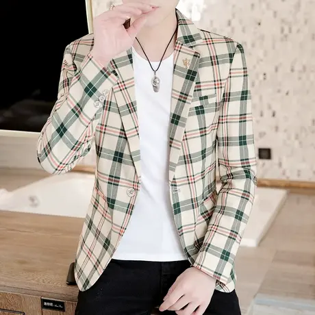 男士韩版格子休闲西服秋季潮流发型师小西装英伦上衣服痞帅气外套商品大图