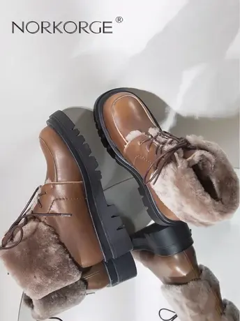 2023新款冬复古棕马丁靴真皮方头粗跟厚底防滑保暖羊毛短靴雪地靴商品大图