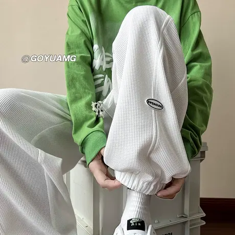 休闲长裤男士潮牌宽松百搭运动裤子oversize港风华夫格贴标直筒裤商品大图
