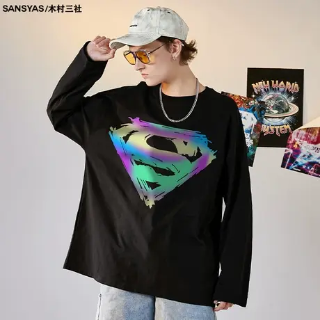 木村三社x超人Superman潮牌秋季反光长袖t恤男纯棉圆领宽松打底衫商品大图