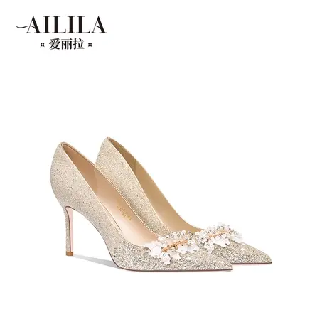 爱丽拉香槟色结婚鞋女2023新款水晶新娘高跟鞋禾秀婚纱两穿不累脚商品大图