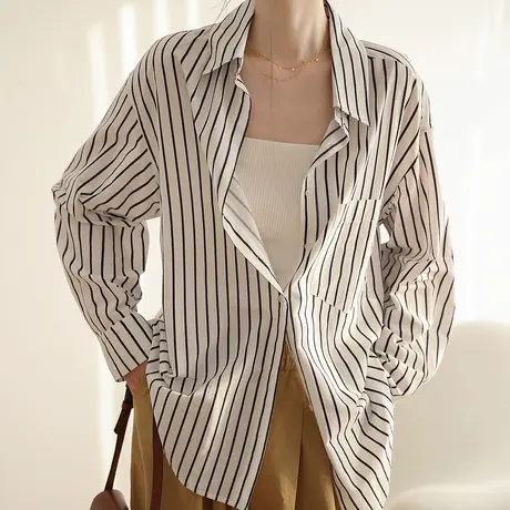 嘉茱莉秋季新款宽松条纹复古衬衫女港风休闲衬衫外套上衣法式叠穿图片