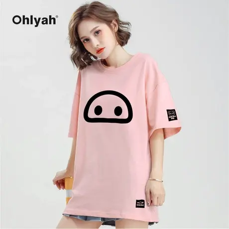 Ohlyah品牌 小猪米罗 全棉短袖 宽松圆领粉色女装t恤大码宽松潮牌图片