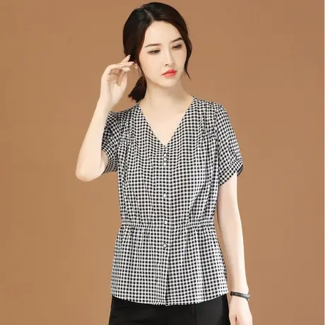 韩潮袭人V领短袖格子衬衫女2023夏新款宽松休闲衬衣设计感小众薄商品大图