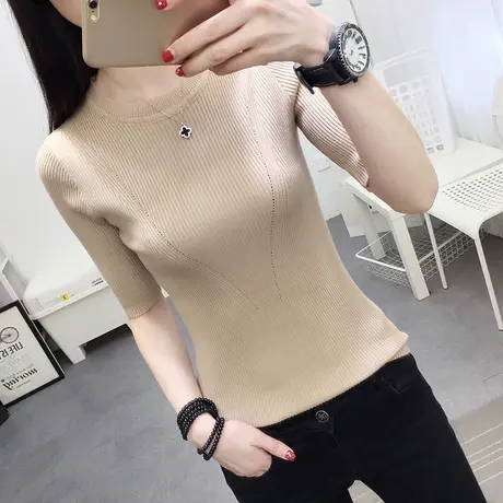 半袖女2022新款韩版百搭中袖打底衫针织短袖女修身五分袖毛衣薄款商品大图