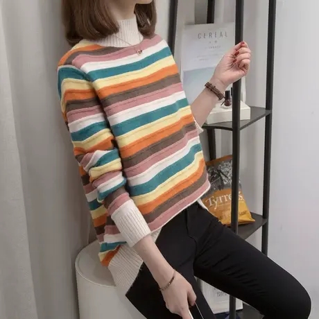 半高领条纹毛衣女加厚打底衫2023爆款秋冬新款宽松针织衫内搭上衣商品大图