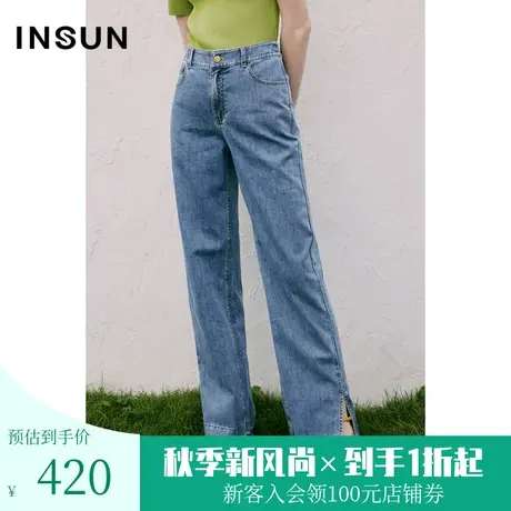 恩裳COVER2023夏季新款简约舒适中高腰直筒裤下脚撞色洗水牛仔裤图片