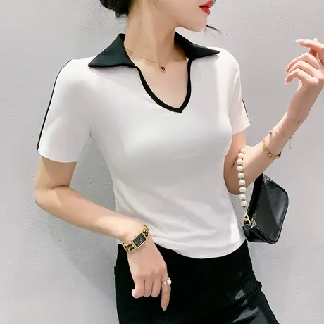2023夏装新款时尚网红T恤女短袖设计感小众POLO上衣高腰紧身小衫商品大图