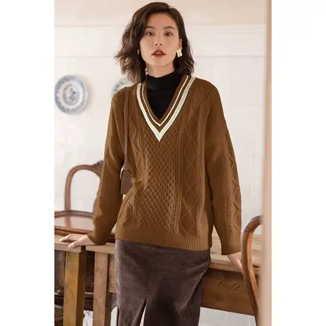 弥古中长款套头麻花毛衣女秋冬内搭v领针织衫外穿小众打底衫上衣图片