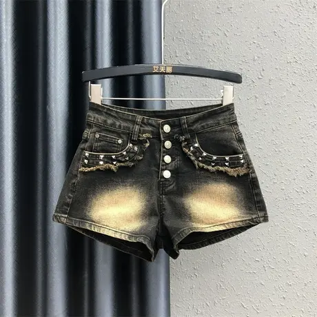 欧洲站2023早秋新款复古辣妹铆钉磨破牛仔短裤女高腰a字阔腿热裤商品大图