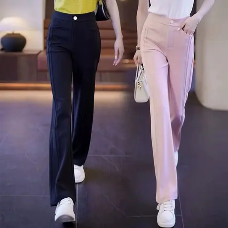 粉色窄版阔腿裤女2023夏季薄款宽松高腰垂感直筒裤冰丝设计感休闲图片